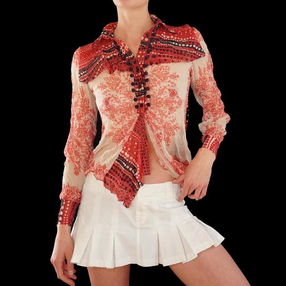 Fuzzi floral and dot print silk and mesh button up top - Picture 1 of 5